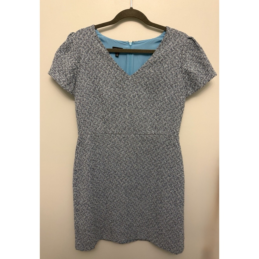 Talbots Sheath Dress Size 12 Tweed Blue Black V-Neck Workwear Lined Short Sleeve